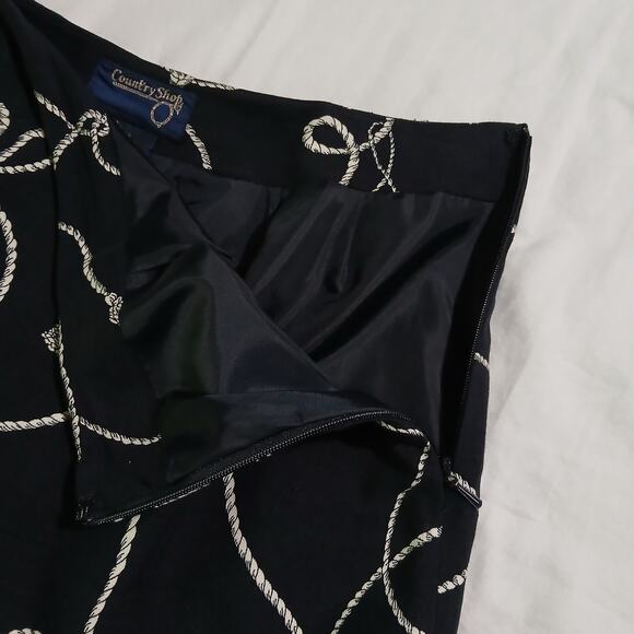 VTG Country Shop 10 SILK A-Line Side-Zip Side-Slit lined blck W/white rope print - Picture 3 of 9